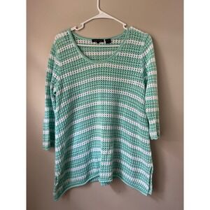 Jeanne Pierre Striped Crochet Knit Cotton Sweater Top 3/4 Boho Coastal Beach